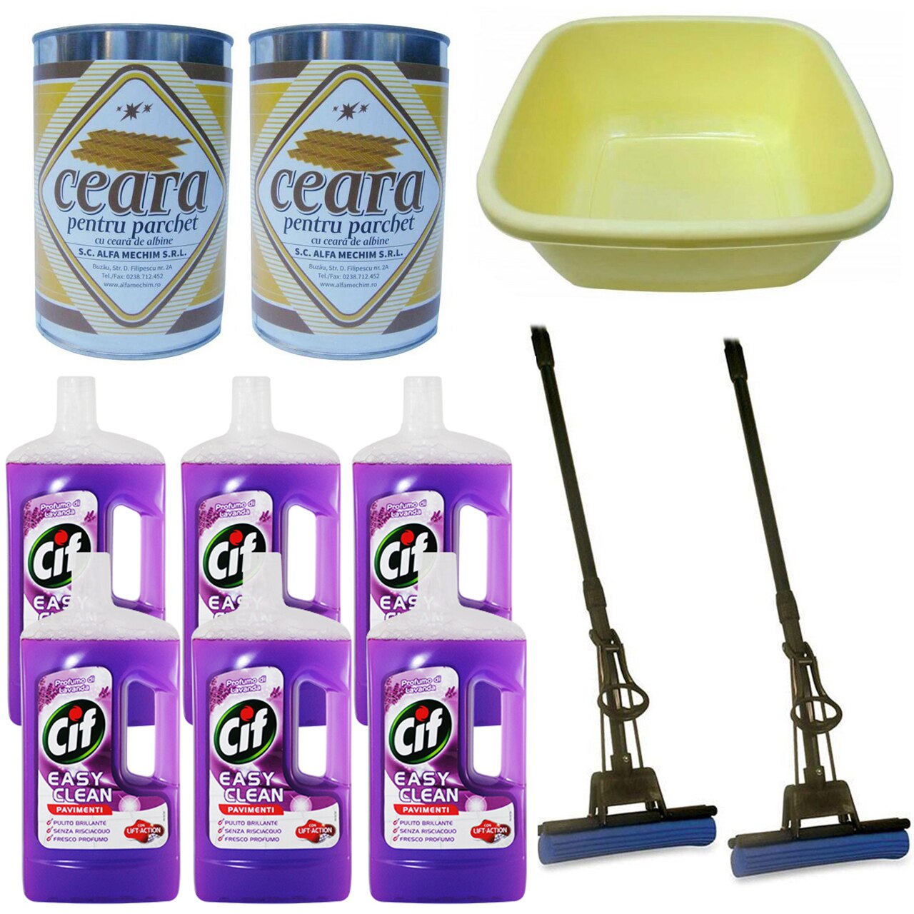 Pachet - 6 x Cif Profumo di Lavanda, Easy Clean, Pentru curatat pardoseli, 1L + 2 x Mop PVA cu coada si storcator + 2 x Ceara incolora, Solida, Pentru parchet, 1L + Lighean patrat din plastic, 15L