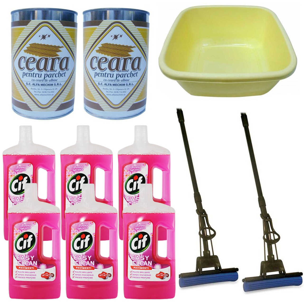 Pachet - 6 x Cif Orchidea Selvatica, Easy Clean, Pentru curatat pardoseli, 1L + 2 x Mop PVA cu coada si storcator + 2 x Ceara incolora, Solida, Pentru parchet, 1L + Lighean patrat din plastic, 15L