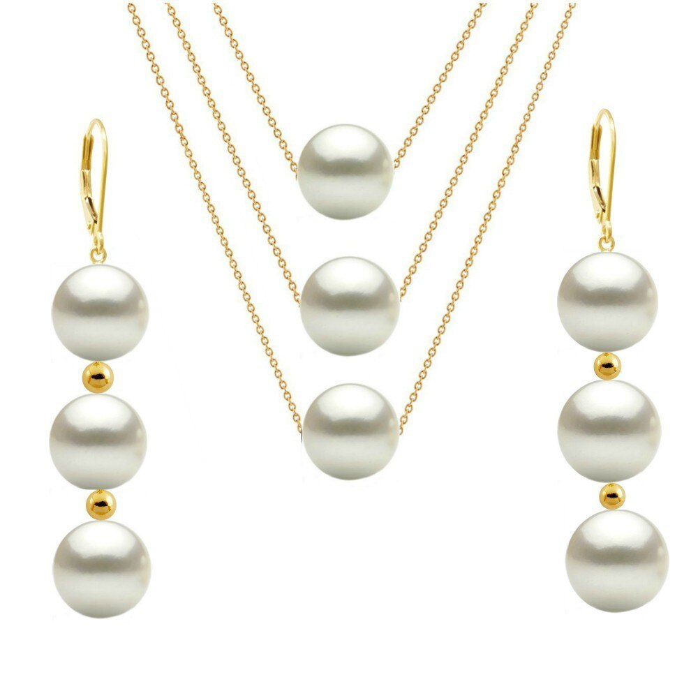 Set Triplu Aur de 14 karate si Perle Naturale Albe Premium