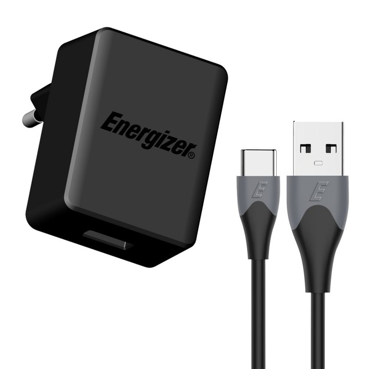 Мрежово зарядно устройство Energizer Qualcomm 3.0, Кабел USB Type C, 2 A, 1 м, Черно