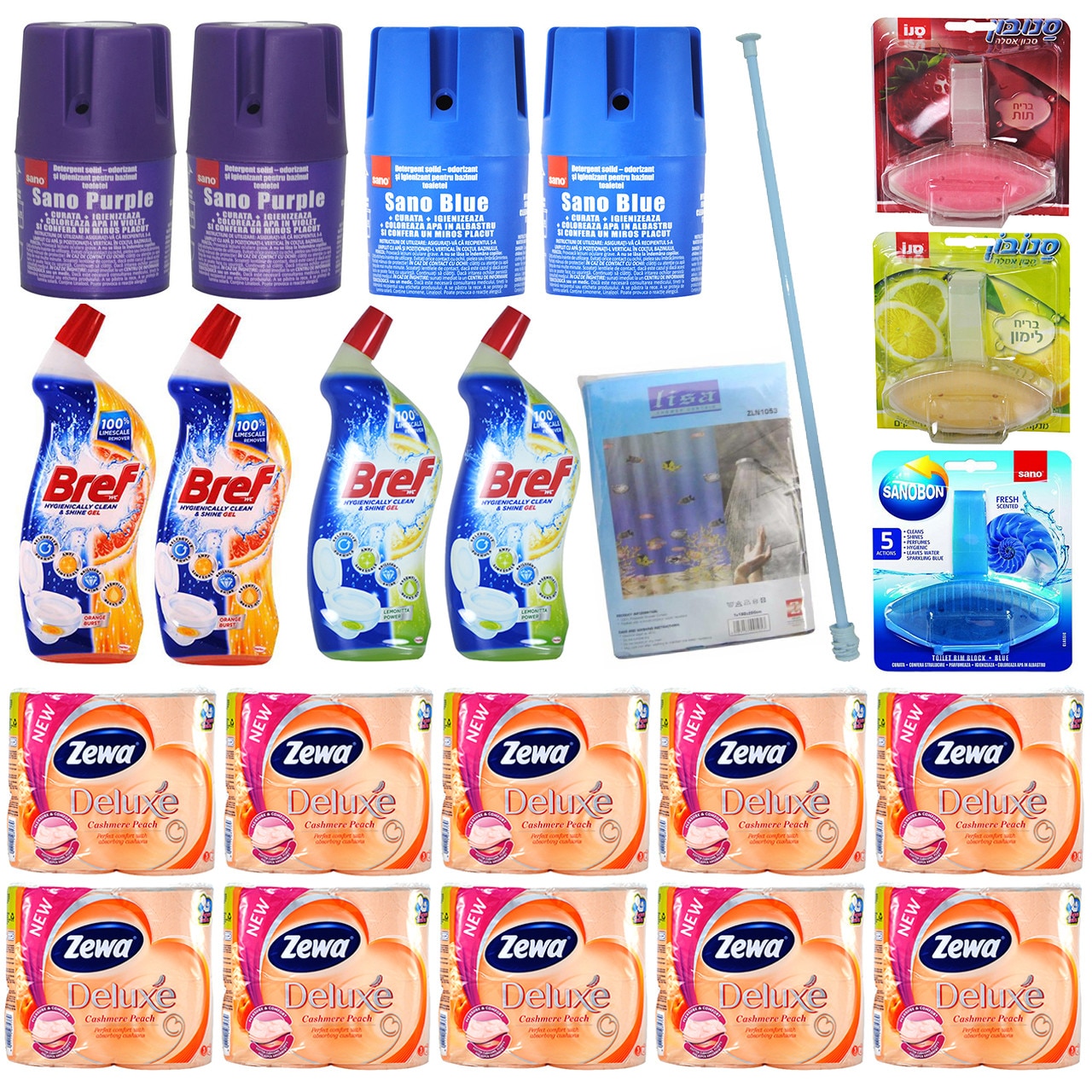 Pachet - 10 x Set Hartie igienica, Zewa, Cashmere Peach, 3 Straturi, Tub dizolvabil, 4 Role/Set + 3 x Odorizant SanoBon, 55g + 4 x Odorizant solid, Sano, 150g + 4 x Solutie toaleta, Bref, 700ml + Bara perdea baie + Perdea baie, 180x200cm