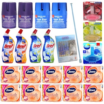 Pachet - 10 x Set Hartie igienica, Zewa, Cashmere Peach, 3 Straturi, Tub dizolvabil, 4 Role/Set + 3 x Odorizant SanoBon, 55g + 4 x Odorizant solid, Sano, 150g + 4 x Solutie toaleta, Bref, 700ml + Bara perdea baie + Perdea baie, 180x200cm Pachet - 10 x Set Hartie igienica, Zewa, Cashmere Peach, 3 Straturi, Tub dizolvabil, 4 Role/Set + 3 x Odorizant SanoBon, 55g + 4 x Odorizant solid, Sano, 150g + 4 x Solutie toaleta, Bref, 700ml + Bara perdea baie + Perdea baie, 180x200cm