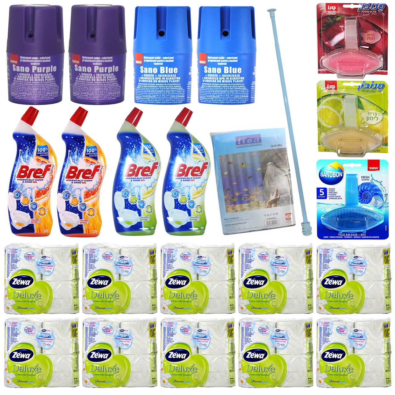 Pachet - 10 x Set Hartie igienica, Zewa, Camomile Comfort, 3 Straturi, Tub dizolvabil, 4 Role/Set + 3 x Odorizant SanoBon, 55g + 4 x Odorizant solid, Sano, 150g + 4 x Solutie toaleta, Bref, 700ml + Bara perdea baie + Perdea baie, 180x200cm