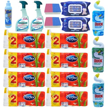 Pachet - 8 x Bax Perfex, Hartie igienica, 3 Straturi, 10 Role/Bax + 3 x Duck WC lichid, 750ml + 2 x Set Servetele umede, Dex, 72buc/Set + 2 x Dezinfectant Baie, Sanytol, 500ml + 2 x Set Bureti, 2 buc/Set + Odorizant WC, Pons, Parfumat Pachet - 8 x Bax Perfex, Hartie igienica, 3 Straturi, 10 Role/Bax + 3 x Duck WC lichid, 750ml + 2 x Set Servetele umede, Dex, 72buc/Set + 2 x Dezinfectant Baie, Sanytol, 500ml + 2 x Set Bureti, 2 buc/Set + Odorizant WC, Pons, Parfumat