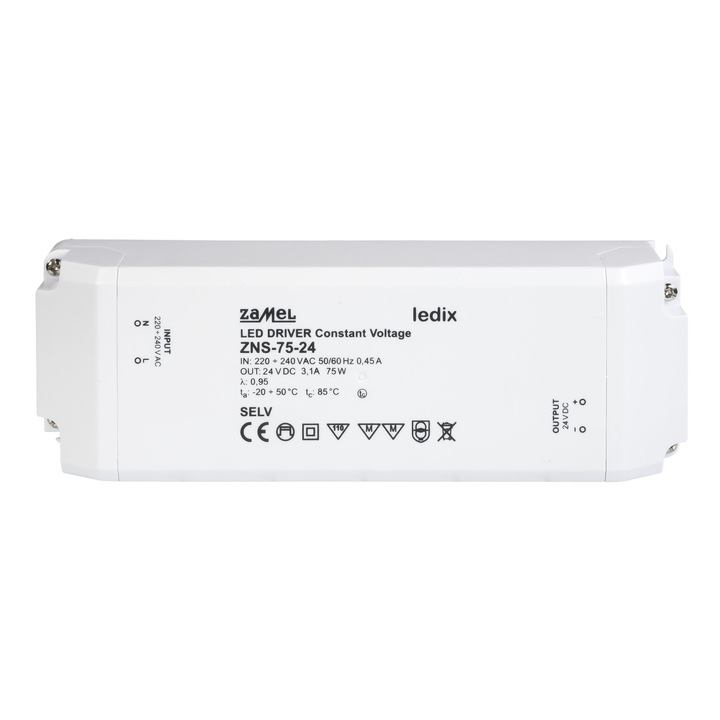 Контролер за LED осветление ZAMEL ZNS-75-24, 24V, 75W, IP20, Бял
