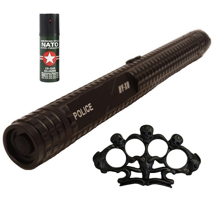 Kit BTG-154 autoaparare POLICE 3in1(Electrosoc, Lanterna, Baston) + Spray Nato Paralizant + Box metalic Negru Model