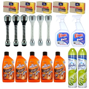 Pachet - 5 x Gel pentru desfundat tevile din baie si bucatarie, Mr Muscle, 500 ml + 6 x Perlator sita chiuveta, Negru si Alb + 2 x Solutie pentru baie, Efekt, 1L + 2 x Odorizant baie, Glade Lacramioare, 300ml + 5 x Set Bureti de vase, 2buc/Set Pachet - 5 x Gel pentru desfundat tevile din baie si bucatarie, Mr Muscle, 500 ml + 6 x Perlator sita chiuveta, Negru si Alb + 2 x Solutie pentru baie, Efekt, 1L + 2 x Odorizant baie, Glade Lacramioare, 300ml + 5 x Set Bureti de vase, 2buc/Set
