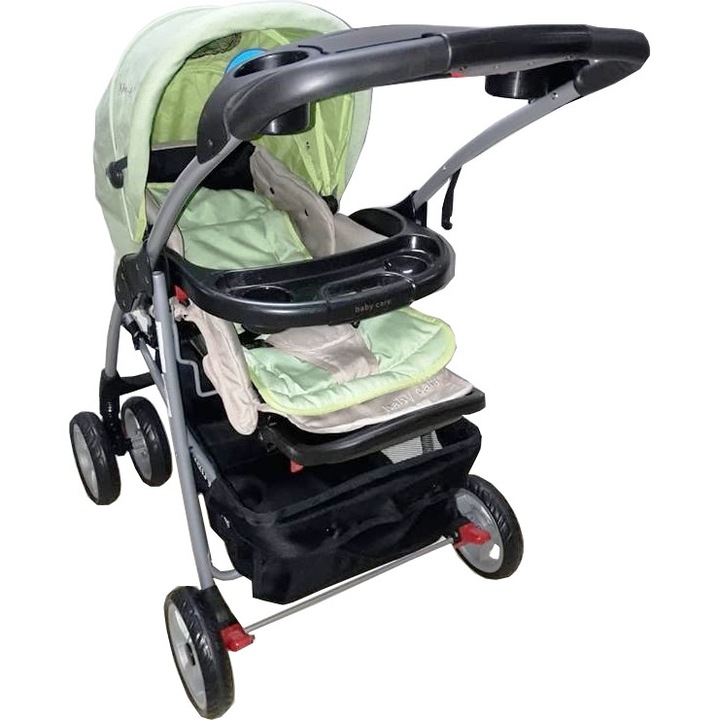 Бебешка количка 2 в 1 Baby Care™ M203, Люлеещ се стол, 3-степенна регулируема облегалка, Количка, Метална рамка, Крачна спирачка, Кафяв лак