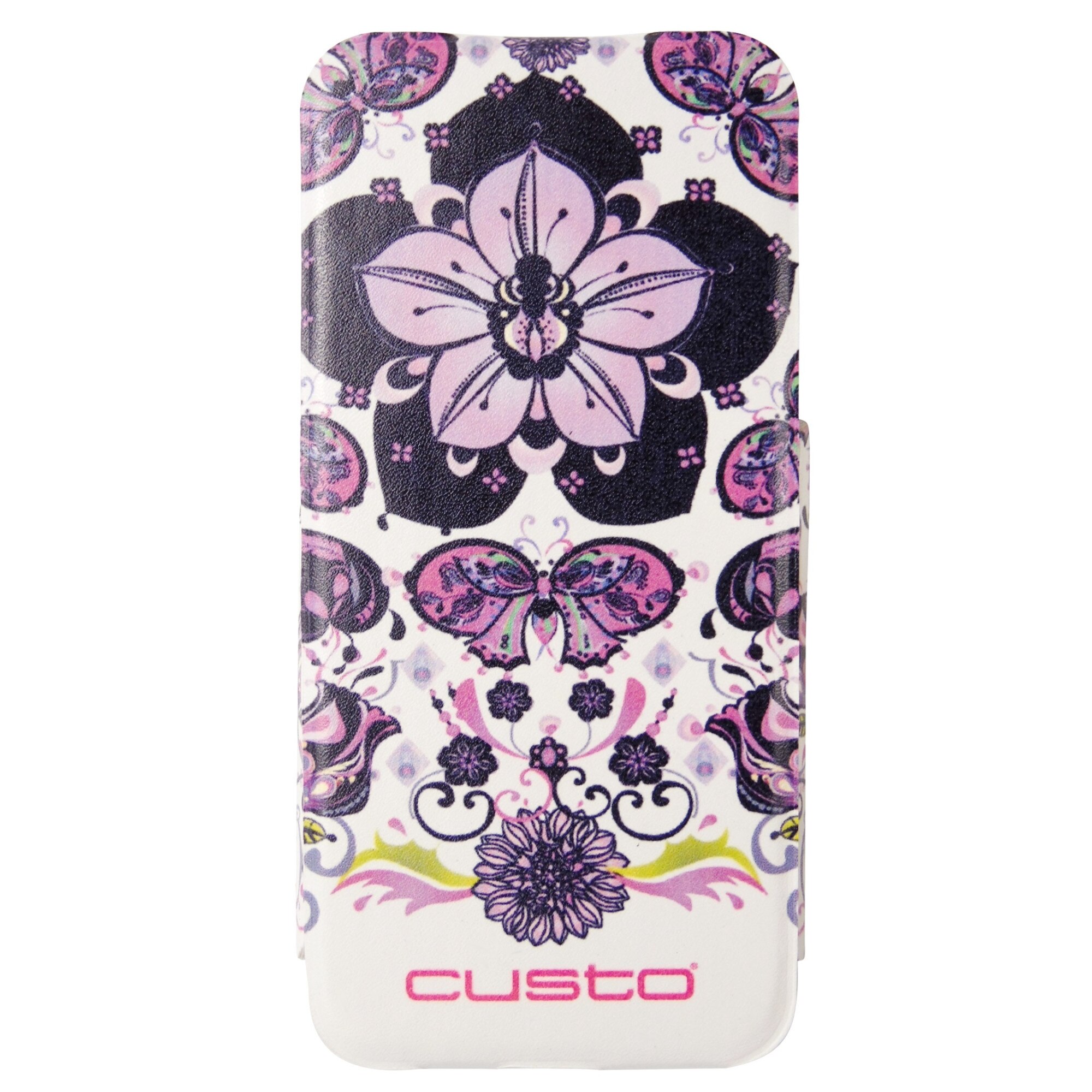 Husa Custo Barcelona flip slim alba cu model floral (design Caifina) pentru Apple iPhone 5, 5S, SE
