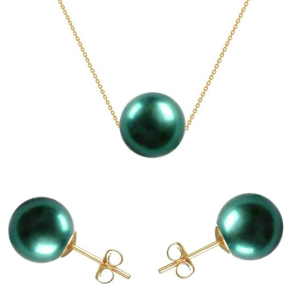 Set Aur 14 karate cu Perle Naturale Premium Verde Smarald