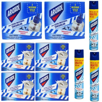 Pachet - 4 x Aroxol aparat electric cu rezerva lichida, Fara miros, Impotriva Tantarilor, 40 Nopti, 45ml + 4 x Aroxol 2000, rezerva lichida impotriva tantarilor, 45ml + 3 x Aroxol spray universal cu efect imediat, 500ml Pachet - 4 x Aroxol aparat electric cu rezerva lichida, Fara miros, Impotriva Tantarilor, 40 Nopti, 45ml + 4 x Aroxol 2000, rezerva lichida impotriva tantarilor, 45ml + 3 x Aroxol spray universal cu efect imediat, 500ml