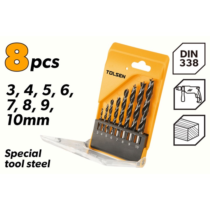 Set 8 burghie lemn TOLSEN 3–10 mm, otel carbon, DIN338, finisaj negru polisat, coada redusa pentru diametre mari, uz industrial