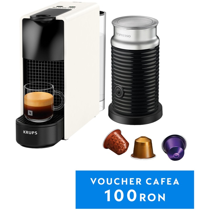 Espressor KRUPS cu capsule Nespresso Essenza Mini XN110110, 1100 W, 19 bar, 0.6 L, Alb + Aparat spumare lapte Aeroccino 3, 1450 W, Negru + set capsule degustare