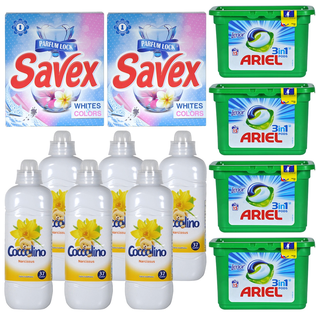 Pachet - 6 x Balsam rufe Concentrat, 37 Spalari, Coccolino, Narcise, 925 ml + 4 x Cutie Detergent rufe, Ariel 3 in 1, Capsule, 405g, 15buc/Cutie + 2 x Detergent Automat, Savex 2in1, White and Colours, 300g