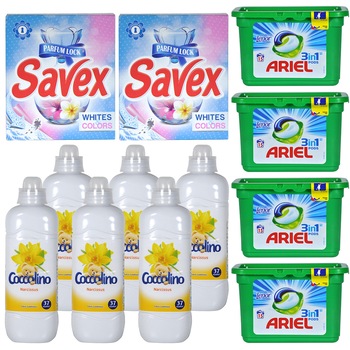 Pachet - 6 x Balsam rufe Concentrat, 37 Spalari, Coccolino, Narcise, 925 ml + 4 x Cutie Detergent rufe, Ariel 3 in 1, Capsule, 405g, 15buc/Cutie + 2 x Detergent Automat, Savex 2in1, White and Colours, 300g Pachet - 6 x Balsam rufe Concentrat, 37 Spalari, Coccolino, Narcise, 925 ml + 4 x Cutie Detergent rufe, Ariel 3 in 1, Capsule, 405g, 15buc/Cutie + 2 x Detergent Automat, Savex 2in1, White and Colours, 300g