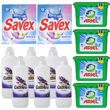 Pachet - 6 x Coccolino Lavanda Balsam de rufe 925 ml + 4 x Ariel Detergent rufe 3in1, Capsule 405g, 15buc/Cutie + 2 x Savex White and Colours, Detergent rufe automat, 300g Pachet - 6 x Coccolino Lavanda Balsam de rufe 925 ml + 4 x Ariel Detergent rufe 3in1, Capsule 405g, 15buc/Cutie + 2 x Savex White and Colours, Detergent rufe automat, 300g