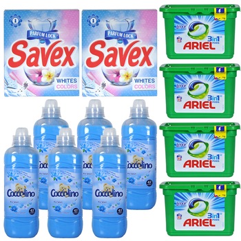 Pachet - 6 x Coccolino Blue Splash Balsam rufe 1050 ml + 4 x Ariel Detergent de rufe 3 in 1, Capsule 405g, 15buc Cutie + 2 x Savex Detergent de rufe White and Colours, automat 300g Pachet - 6 x Coccolino Blue Splash Balsam rufe 1050 ml + 4 x Ariel Detergent de rufe 3 in 1, Capsule 405g, 15buc Cutie + 2 x Savex Detergent de rufe White and Colours, automat 300g