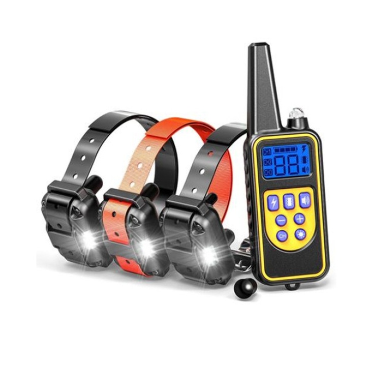 Webdex Professzionális elektromos edzőgallér kutyáknak, újratölthető akkumulátor, 800 m hatótávolságú, víz- és porálló gumírozott elektródák, Bőrkímélő, Állítható kerület 21-69 cm, Képzési útmutatóval,3 db, Fekete