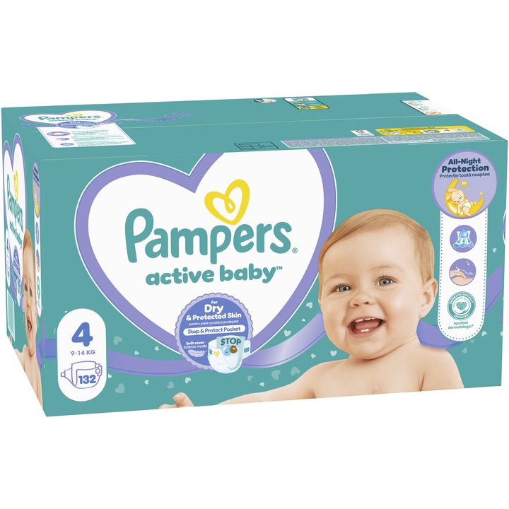 Пелени Pampers Active Baby Mega Box, Размер 4, 9 -14 кг, 132 броя