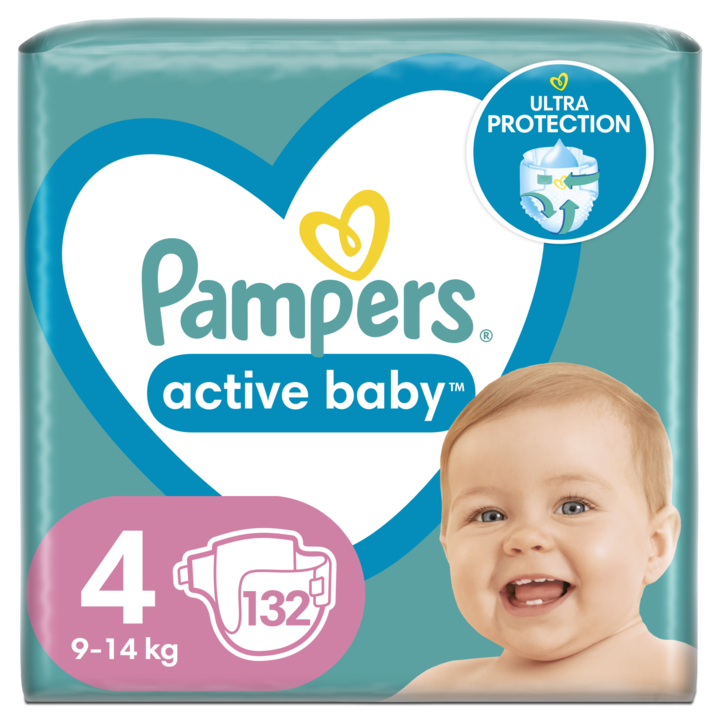 Scutece Pampers Active Baby Mega Box, Marimea 4, 9 -14 kg, 132 buc