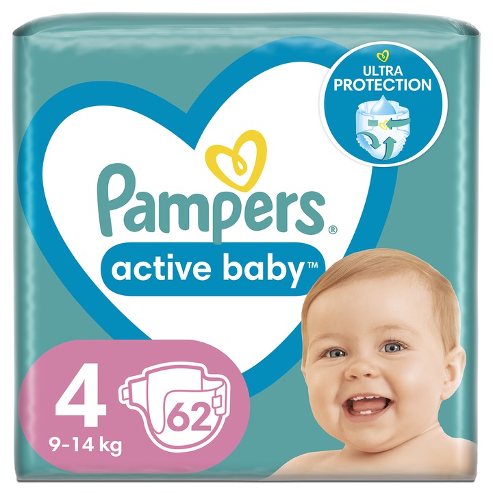 Пелени Pampers Active Baby Jumbo Pack, Размер 4, 9 -14 кг, 62 броя