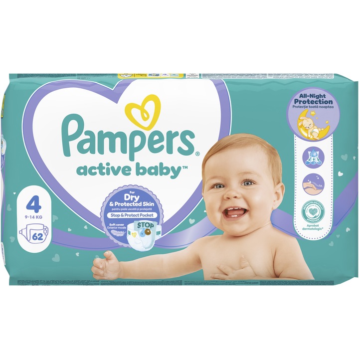 Пелени Pampers Active Baby Jumbo Pack, Размер 4, 9 -14 кг, 62 броя