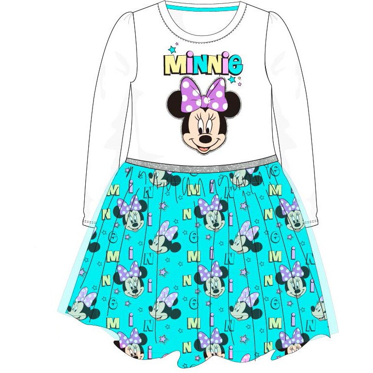 Rochie, maneca lunga, alb cu turcoaz, Minnie, 8 ani