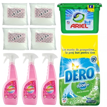 Pachet - 3 x Balsam de rufe cu pulverizator, Sano Maxima, Sensitive, 750ml + Detergent praf, Dero Ozon, Automat, 6Kg + 4 x Apret praf, 150g + Detergent pentru rufe, Capsule, Ariel 3 in 1, 15 Pernute, 405g Pachet - 3 x Balsam de rufe cu pulverizator, Sano Maxima, Sensitive, 750ml + Detergent praf, Dero Ozon, Automat, 6Kg + 4 x Apret praf, 150g + Detergent pentru rufe, Capsule, Ariel 3 in 1, 15 Pernute, 405g