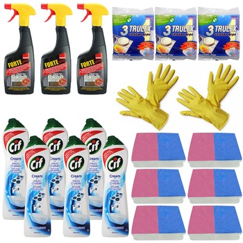 Pachet - 6 x Cif crema, Micro Crystals, Original, Crema curatat, 500ml + 3 x Sano Forte, Solutie aragaz, 500ml + 3 x Set 3 Lavete umede + 6 x Set 2 Bureti de vase + 2 x Manusi cauciuc pentru uz casnic Pachet - 6 x Cif crema, Micro Crystals, Original, Crema curatat, 500ml + 3 x Sano Forte, Solutie aragaz, 500ml + 3 x Set 3 Lavete umede + 6 x Set 2 Bureti de vase + 2 x Manusi cauciuc pentru uz casnic