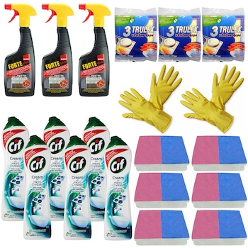 Pachet - 6 x Cif crema, Micro Crystals, Eucalyptus and Herbal Extracts, Crema curatat, 500ml + 3 x Sano Forte, Solutie aragaz, 500ml + 3 x Set 3 Lavete umede + 6 x Set 2 Bureti de vase + 2 x Manusi cauciuc pentru uz casnic Pachet - 6 x Cif crema, Micro Crystals, Eucalyptus and Herbal Extracts, Crema curatat, 500ml + 3 x Sano Forte, Solutie aragaz, 500ml + 3 x Set 3 Lavete umede + 6 x Set 2 Bureti de vase + 2 x Manusi cauciuc pentru uz casnic