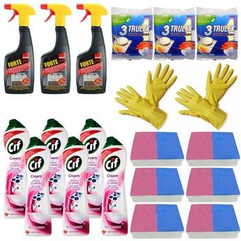 Pachet - 6 x Cif crema, Micro Crystals, Pink Flower, Crema curatat, 500ml + 3 x Sano Forte, Solutie aragaz, 500ml + 3 x Set 3 Lavete umede + 6 x Set 2 Bureti de vase + 2 x Manusi cauciuc pentru uz casnic Pachet - 6 x Cif crema, Micro Crystals, Pink Flower, Crema curatat, 500ml + 3 x Sano Forte, Solutie aragaz, 500ml + 3 x Set 3 Lavete umede + 6 x Set 2 Bureti de vase + 2 x Manusi cauciuc pentru uz casnic