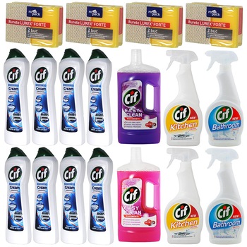 Pachet - 8 x Cif Micro Crystals, Original, Crema de curatat pentru suprafete dure, 500ml + 2 x Solutie pentru bucatarie, Cif, 500ml + 2 x Solutie anti-calcar, Cif Baie, 500ml + 4 x Set Bureti de vase, 2buc/Set + 2 x Solutie pentru pardoseala, Cif, 1L Pachet - 8 x Cif Micro Crystals, Original, Crema de curatat pentru suprafete dure, 500ml + 2 x Solutie pentru bucatarie, Cif, 500ml + 2 x Solutie anti-calcar, Cif Baie, 500ml + 4 x Set Bureti de vase, 2buc/Set + 2 x Solutie pentru pardoseala, Cif, 1L
