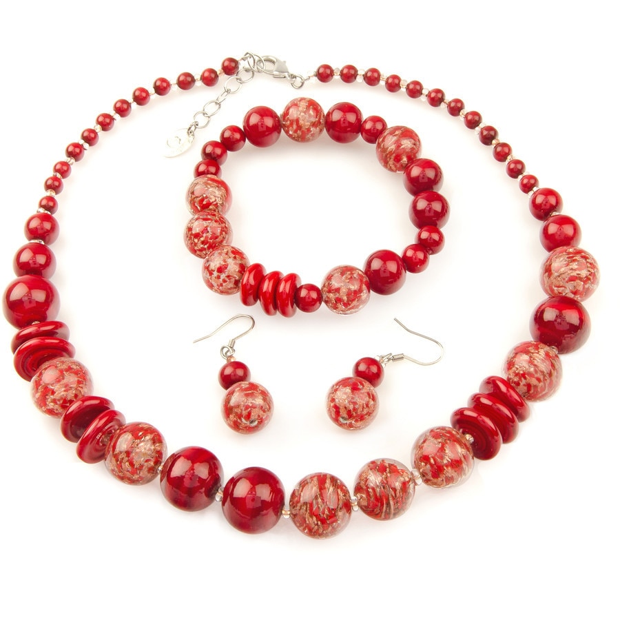 Set bijuterii din sticla de Murano, Millefiori Stefania, rosu