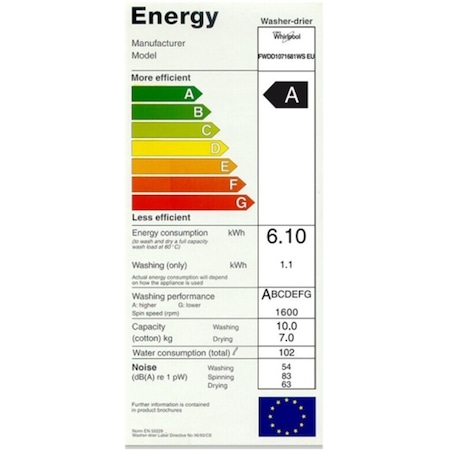 Masina de spalat cu uscator Whirlpool FreshCare+ FWDD1071681WSEU, 10 kg spalare, 7kg uscare, 1600 RPM, Display LCD, Clasa A, Alb