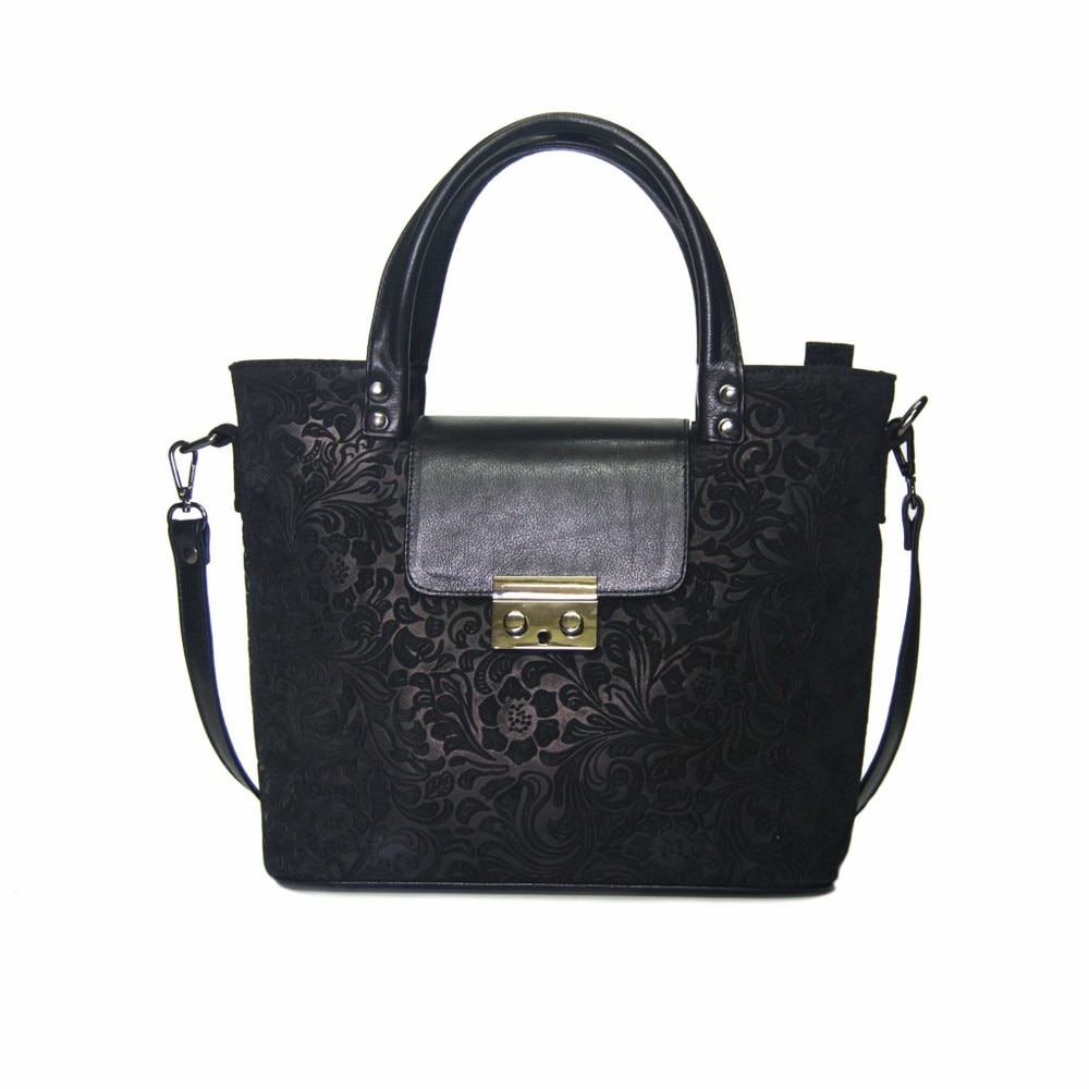 Geanta dama,Zea,piele naturala,neagra florala