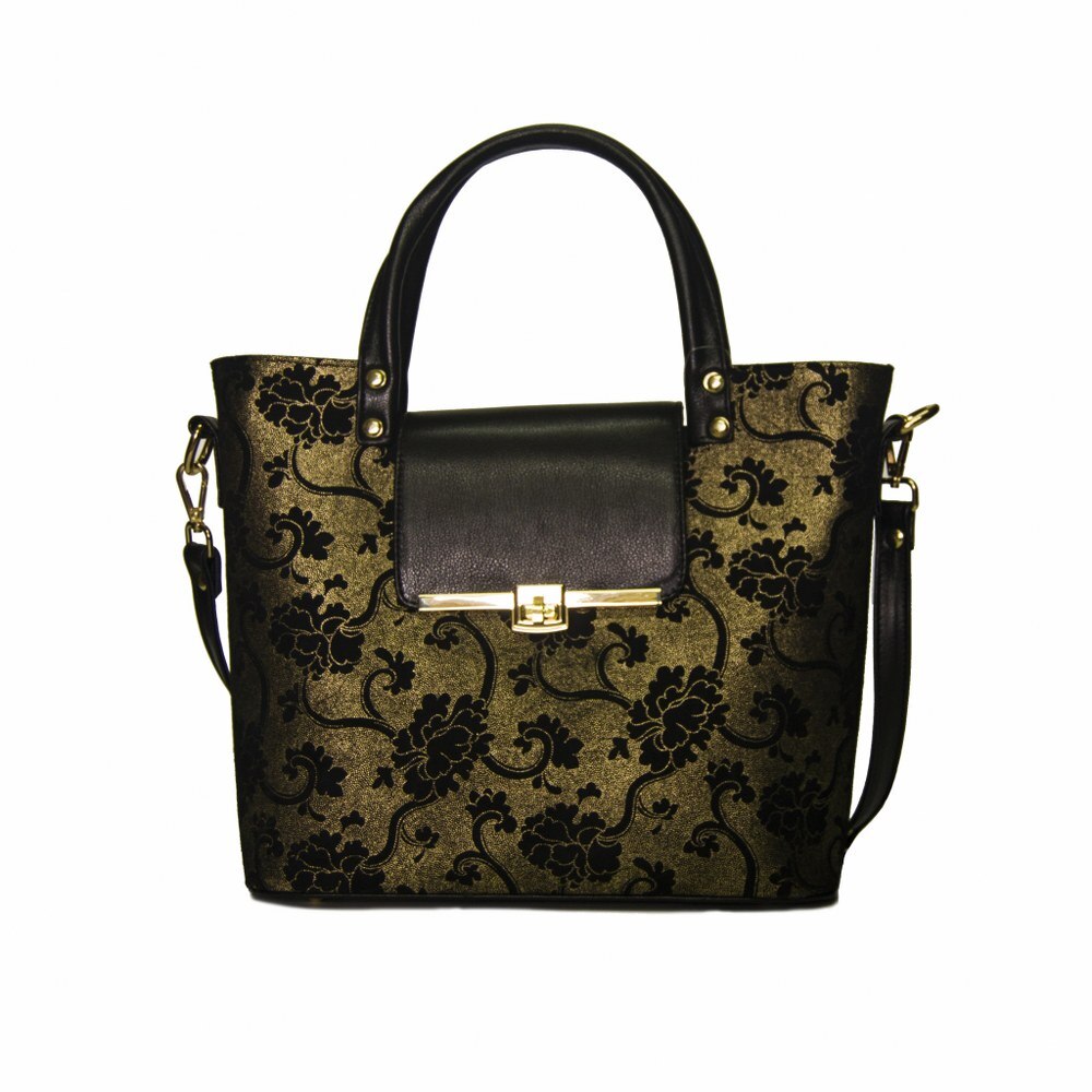 Geanta dama,Zea,piele naturala,neagra floral baroc