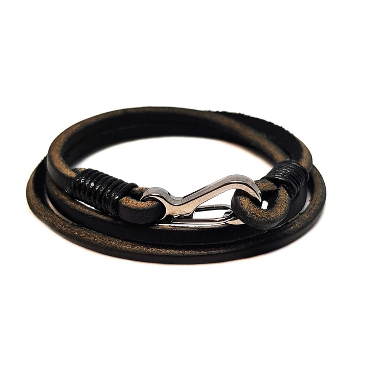 Bratara din piele natuarala Wrap neagra, Wild Bracelets, cu inchizatoare rapida din inox, lucrata 100% manual, 21-22 cm