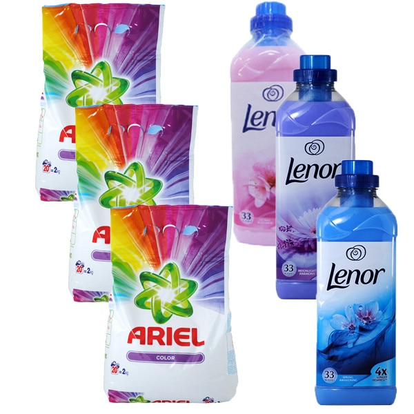 Pachet - 3 x Ariel Color, Detergent automat, Pudra cu parfum proaspat floral, 3 x 2kg + Balsam Lenor Moonlight Harmony 1L + Balsam Lenor Spring Awakening 1L + Balsam Lenor Floral Romance 1L