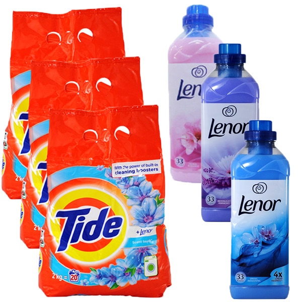 Pachet - 3 x Tide automat, Scent Touch, Detergent pentru rufe, Cu Lenor, 3 x 2kg + Balsam Lenor Moonlight Harmony 1L + Balsam Lenor Spring Awakening 1L + Balsam Lenor Floral Romance 1L