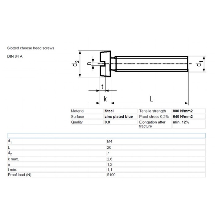 Комплект болтове AERZETIX, M4 x 20, DIN:84, прави, полукръгли, поцинкована стомана, 20 броя