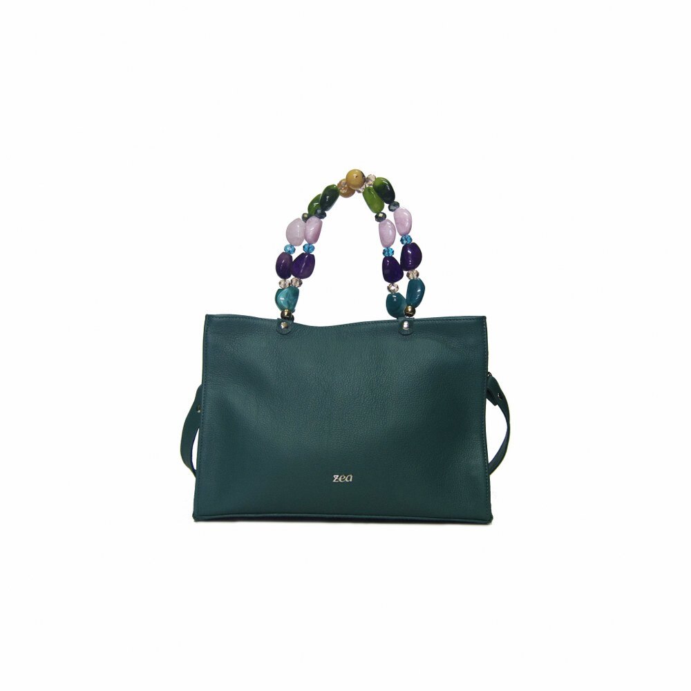 Geanta dama,Zea,piele naturala,verde ,perle