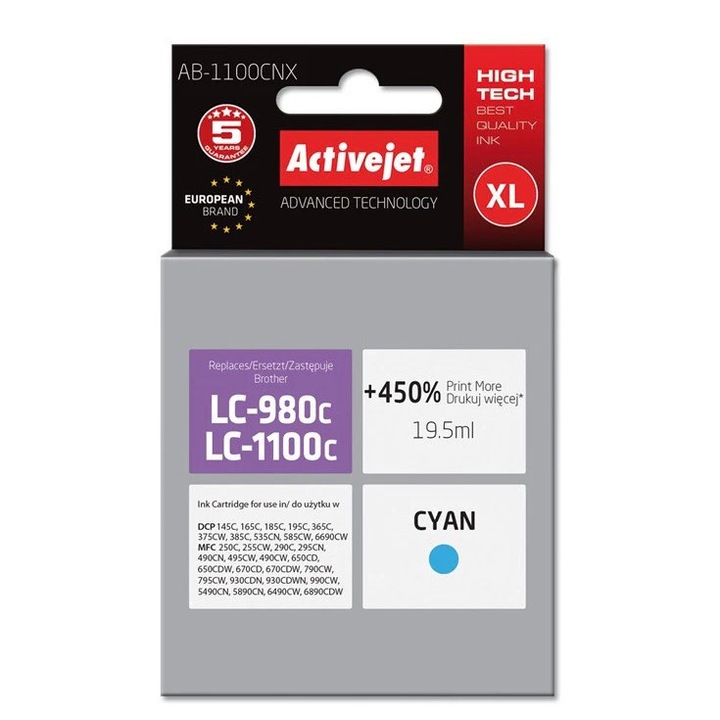 Cartus Brother LC1100C, LC980C ActiveJet AB-1100CNX, Cyan, 19,5 ml