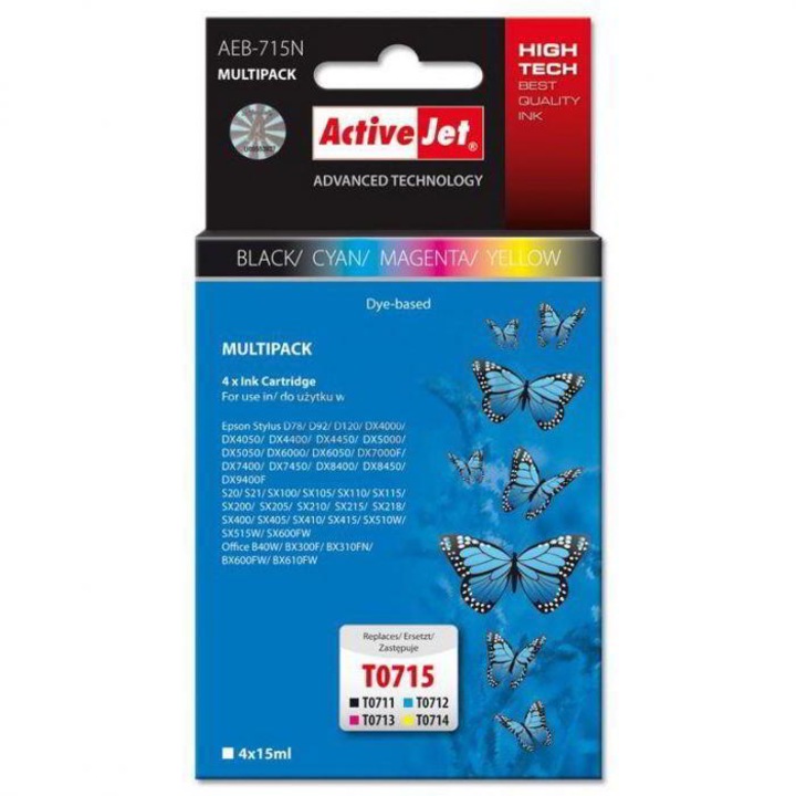Касета Epson ActiveJet AEB-715N, Цветна, 4x15 ml, T0711, T0712, T0713, T0714