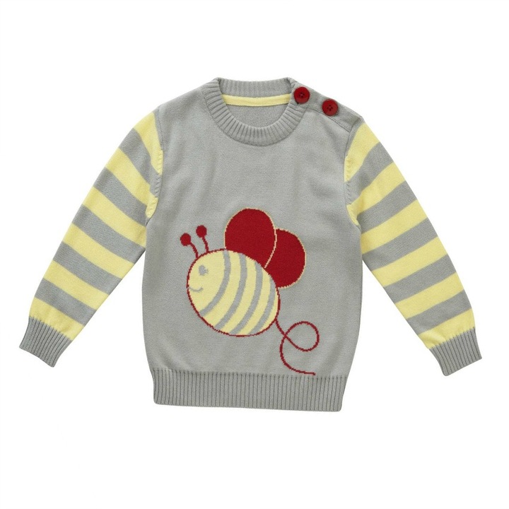 Pulover cu albinuta, bumbac organic, crosetat, gri, copii
