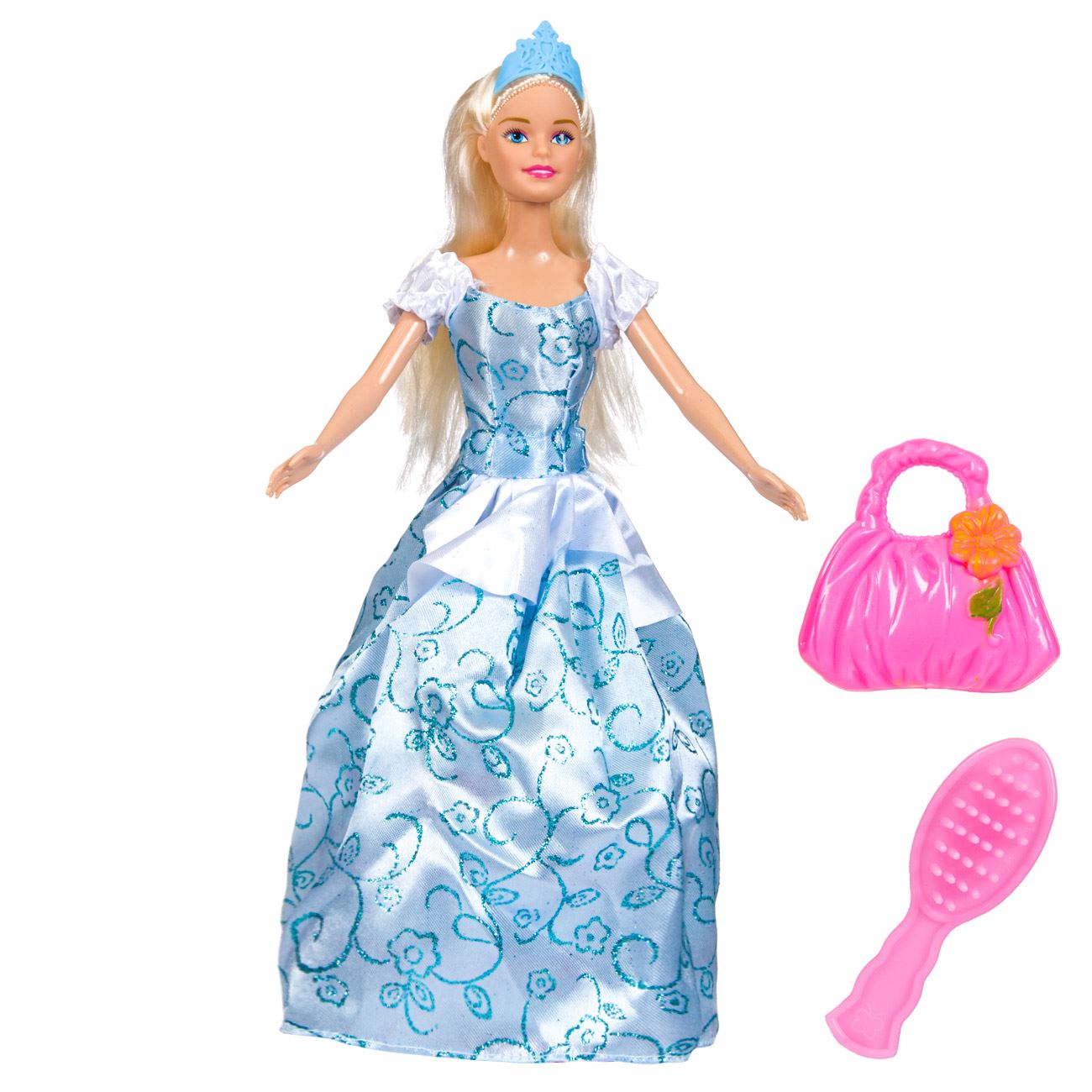 Papusa Printesa Betty cu rochita stralucitoare albastra/alb, coronita, blonda, 30 cm
