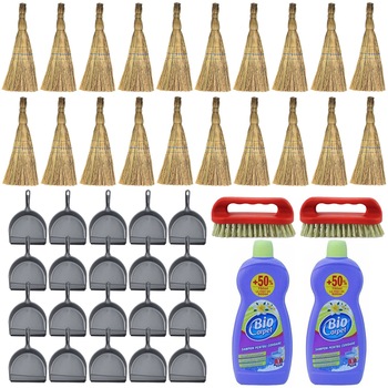 Pachet - 20 x Faras gri din plastic cu margine de cauciuc + 20 x Matura mica de paie pentru gospodarie + 2 x Biocarpet Solutie pentru covoare, 750ml + 2 x Perie de covoare cu maner din plastic Pachet - 20 x Faras gri din plastic cu margine de cauciuc + 20 x Matura mica de paie pentru gospodarie + 2 x Biocarpet Solutie pentru covoare, 750ml + 2 x Perie de covoare cu maner din plastic