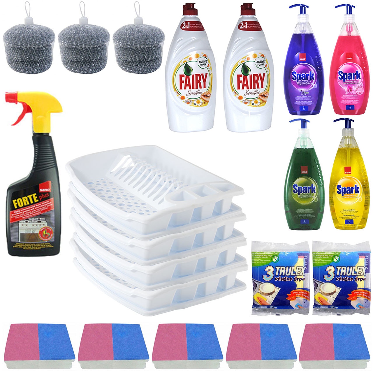 Pachet - 4 x Scurgator de vase si tacamuri, Uscator vase, Alb + 5 x Set Bureti de vase, 2buc/Set + 3 x Set Bureti de sarma, 3 buc/Set + Sano Forte, 500ml + 2 x Fairy, Musetel, 900ml + 4 x Sano Spark, 1L (Lamaie, Lavanda, Castravete si Lamaie, Floral)