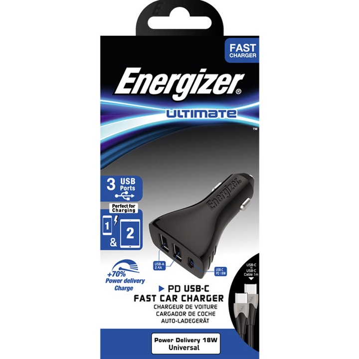 Зарядно устройство за кола ENERGIZER с 3 USB порта (USB-A 2.4A + USB-A 2.4A + USB-C PD18W) и USB-C кабел, Черно