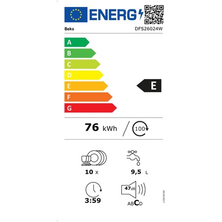 Masina de spalat vase Beko DFS26024W 10 seturi, 6 programe, Clasa E, Motor ProSmart Inverter, Fast+, 45 cm, Alb