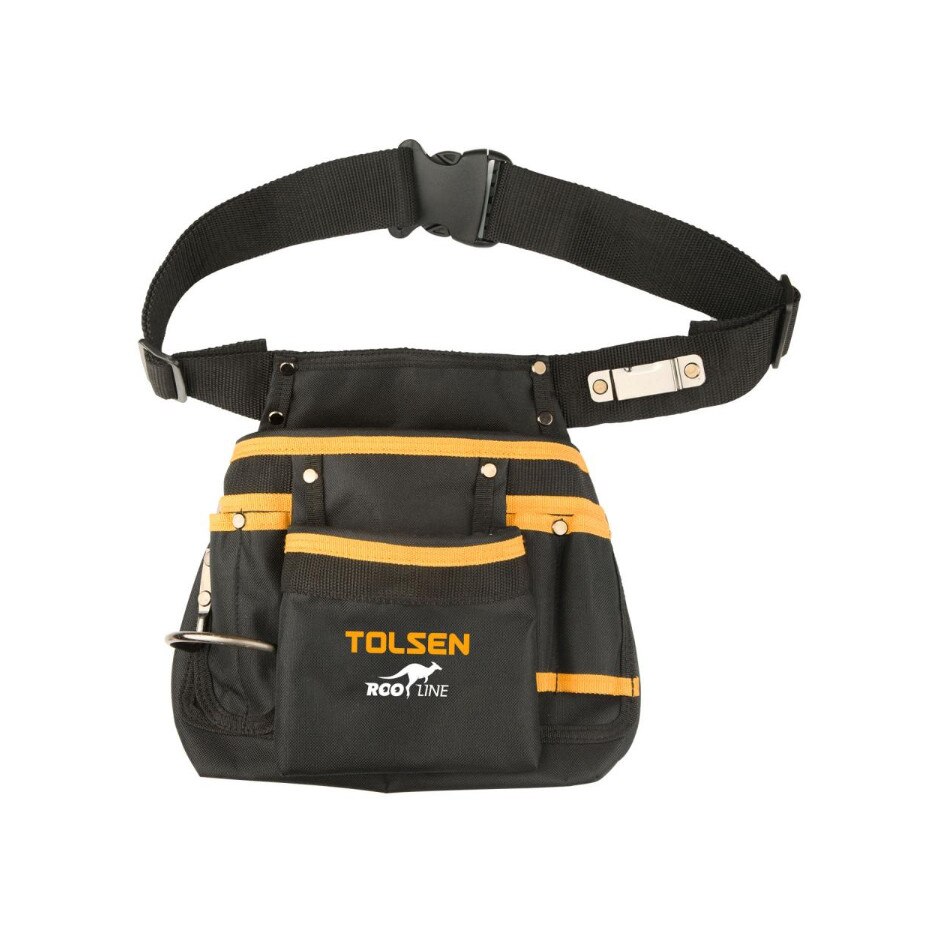 Organizator/sort de scule, fixabil pe curea, 11 buzunare, 1 bucla pentru ciocan,1 banda de masurare Tolsen